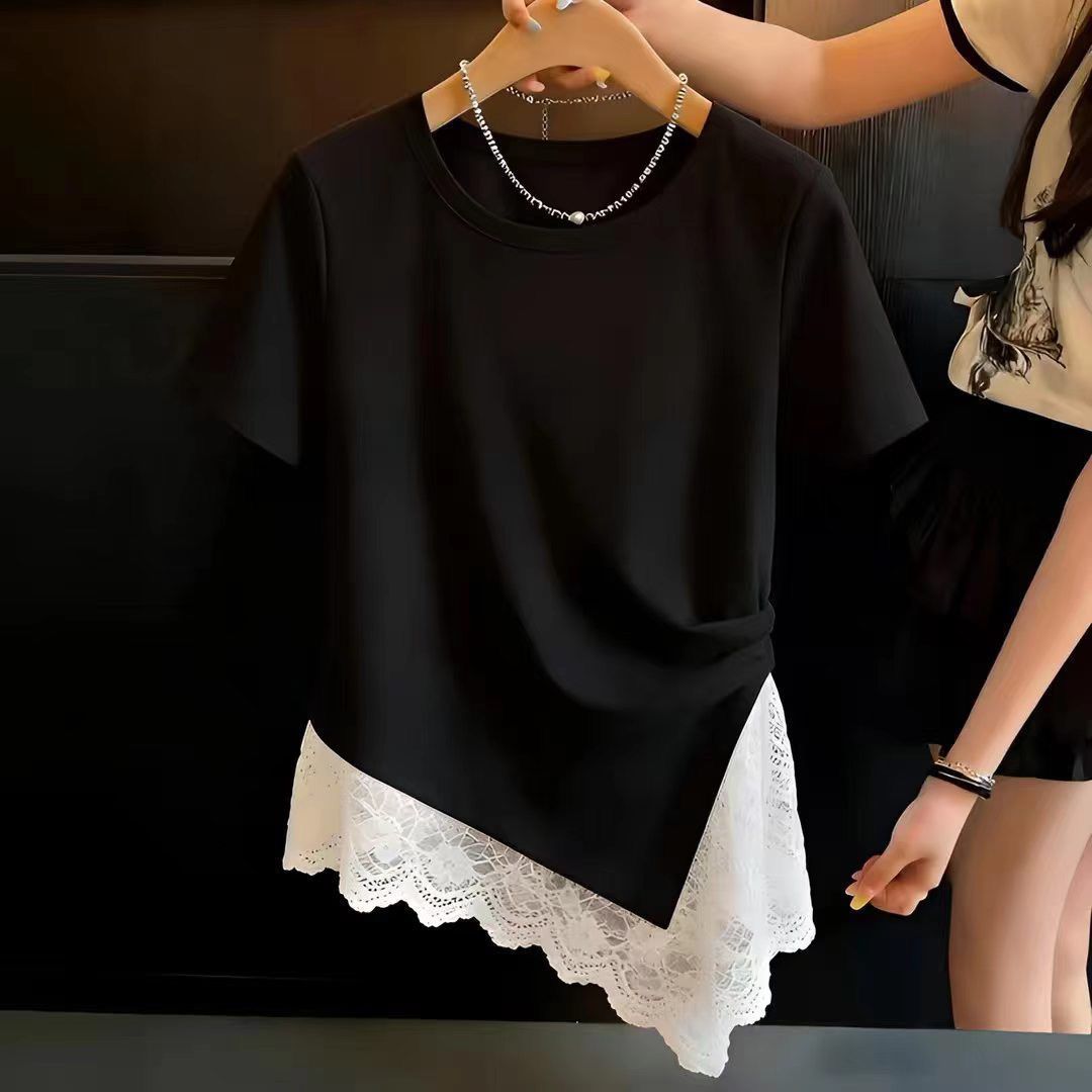 Summer Clothing For Teens - Ruffle Hem Lace Patchwork Short Sleeve