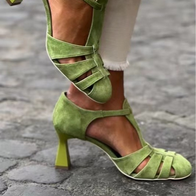 Summer Clothing Dress - Women's Green Suede Kitten Heel T-Strap