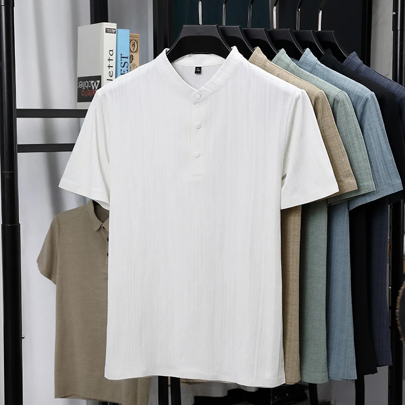 Mens Mandarin Collar Half Plac - Summer Clothing Linen 评论和价格