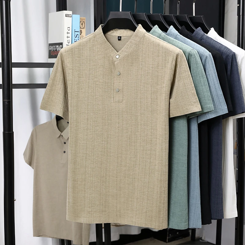 Mens Mandarin Collar Half Plac - Summer Clothing Linen 评论和价格