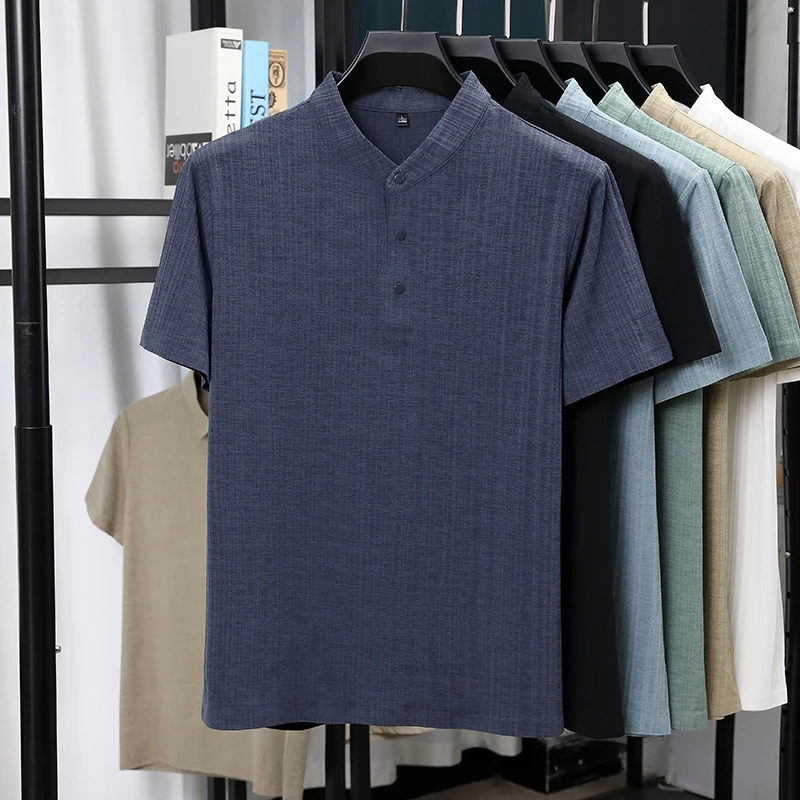 Mens Mandarin Collar Half Plac - Summer Clothing Linen 评论和价格