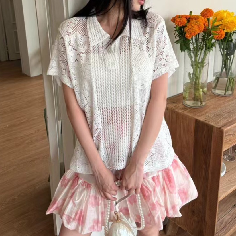 Retro  Collar Lace Shirt Women - Summer Clothing Online 评论和价格